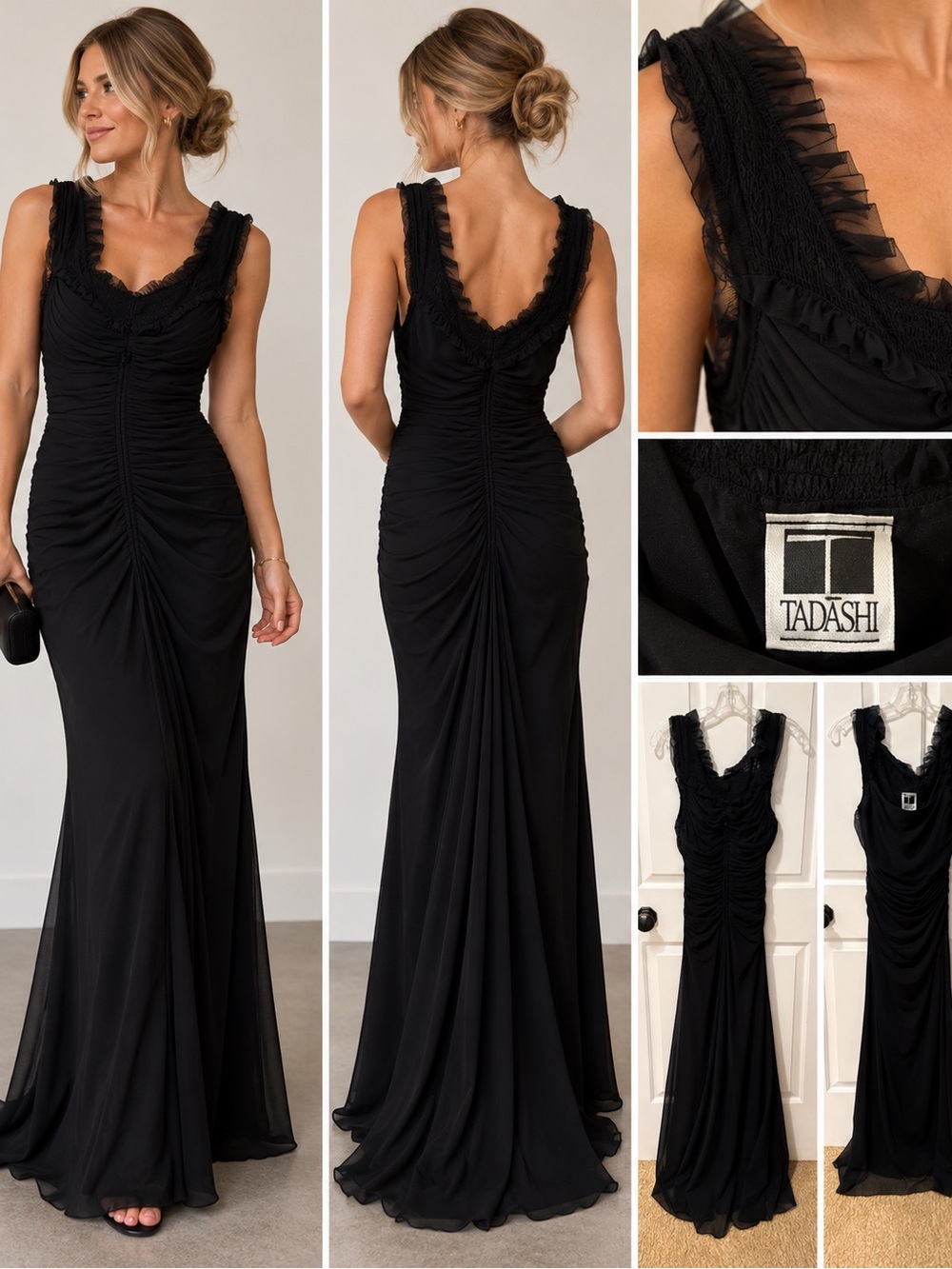 Tadashi Black Ruffled Ruched V-Neck Maxi Gown